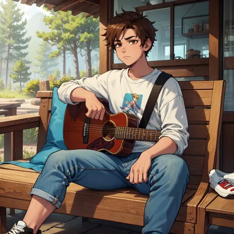 Create a cartoon-style boy character, lofi. He must be 16 years old, messy brown hair and expressive brown eyes. He is wearing a basic t-shirt, sweatshirt jacket, Comfortable jeans and sneakers. He wears large light blue headphones. The boy is sitting in a...