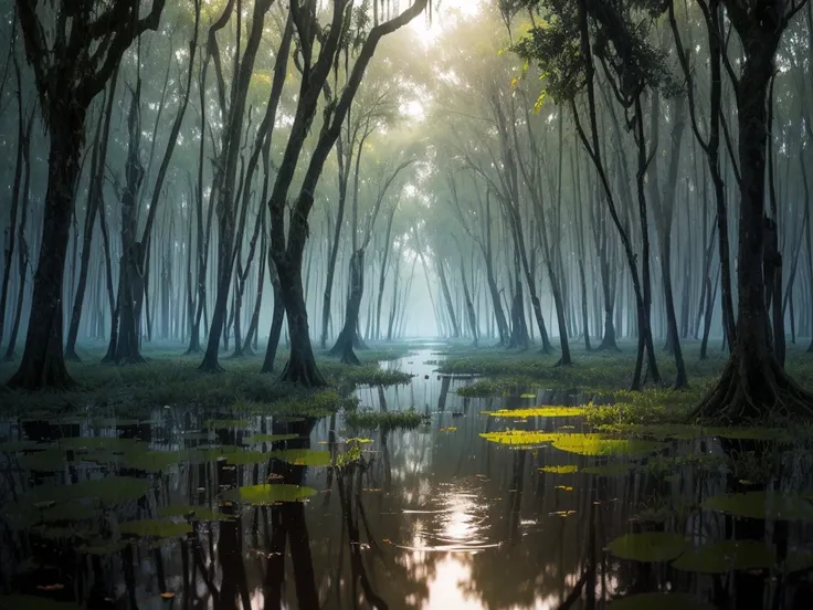 there is a swamp with a lot of trees and water, a stock photo by Carl Rahl, flickr, environmental art, flooded swamp, overgrown swamp, swamp forest, swamp land, swamp, realistic wood swamp, dangerous swamp, stagnant water, dark swamp, in a swamp, swamp lan...