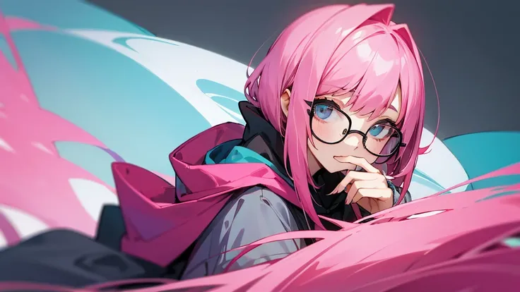 Older sister, pink hair, long bob, hoodie, black-rimmed glasses