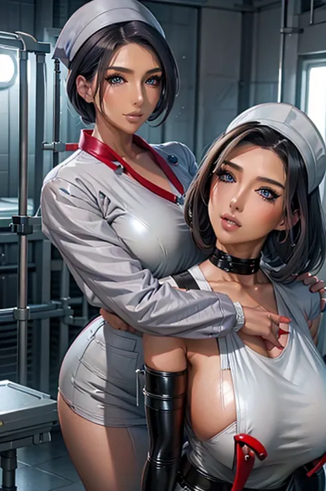 nurse uniform,hospital, latex nurse suit,nurses,busty,elbow gloves,labcoat,grey hair woman,red eyes , gigantic ,medical instruments,asian nurse,two nurses,speculum,examination room,oversize ,big ass ,strap on, lay on table ,legs spreaded,giving birth,gyno ...