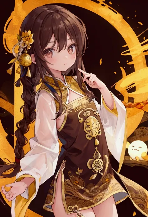 masterpiece, best quality,flat chest, cute eyes, twin braid, dark brown hair,yellow antiquity chinese clothes