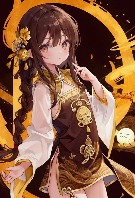 masterpiece, best quality,flat chest, cute eyes, twin braid, dark brown hair,yellow antiquity chinese clothes