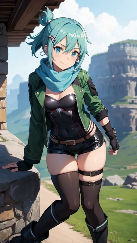 score_9, score_8_up, score_7_up, source_anime, shino asada, hair between eyes, short hair, sidelocks, small breasts, blue eyes, aqua hair, hair clip, hair ornament, black footwear, black gloves, black shorts, boots, fingerless gloves, gloves, green jacket,...