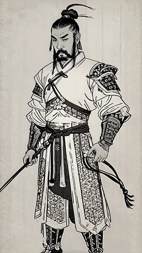 (((monochrome)))、(((ink painting)))、(((ancient chinese man with topknot)))、(((hands on hips)))、line art、oriental、ultra-high reso...