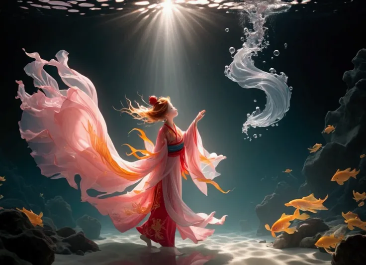 1. Little Girl, Solitary, Under the Deep Sea, walking underwater；Wearing pink Chinese clothing，Fairy the same，underwater dance；dancer；Golden water，金色的bubble； Deep Shadows, Extraordinary details, bubble, spark, Sun streaks, seabed, bright, whole body, swirl...