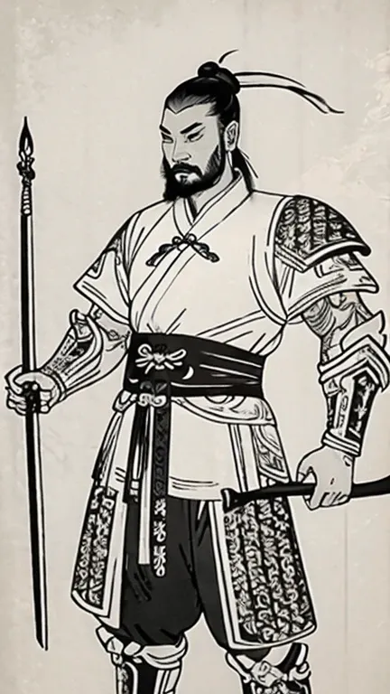 (((monochrome)))、(((ink painting)))、(((a handsome man in ancient china with a topknot)))、(((hands on hips)))、line art、oriental、u...