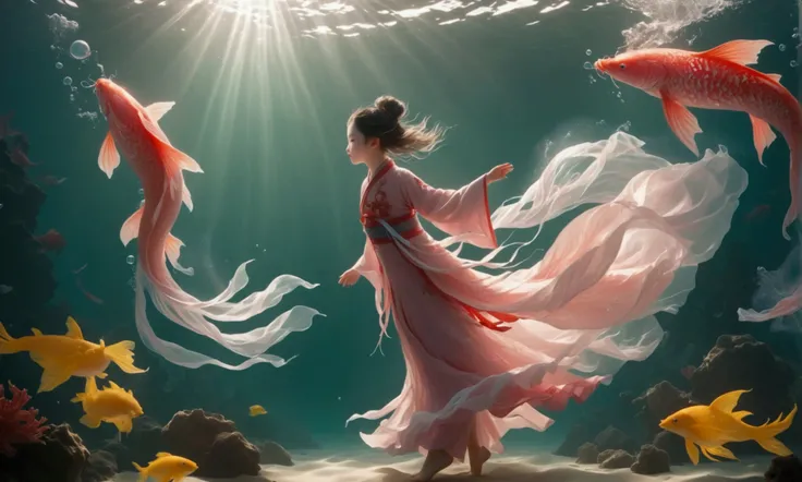 1. Little Girl, Solitary, Under the Deep Sea, walking underwater；Wearing pink Chinese clothing，Fairy the same，underwater dance，Step by step；dancer；Golden water，金色的bubble； Deep Shadows, Extraordinary details, bubble, spark, Sun streaks, seabed, bright, whol...