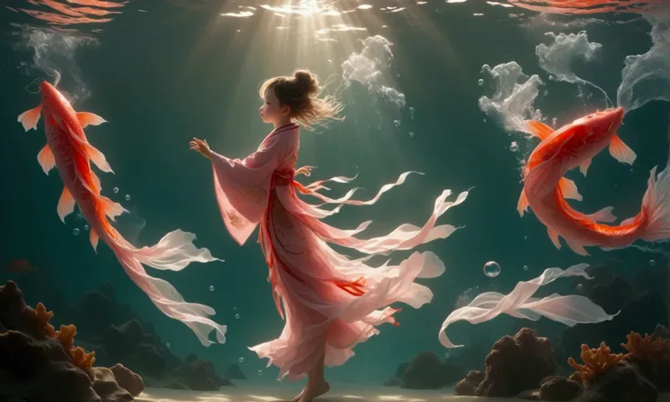 1. Little Girl, Solitary, Under the Deep Sea, walking underwater；Wearing pink Chinese clothing，Fairy the same，underwater dance，Step by step；dancer；Golden water，金色的bubble； Deep Shadows, Extraordinary details, bubble, spark, Sun streaks, seabed, bright, whol...