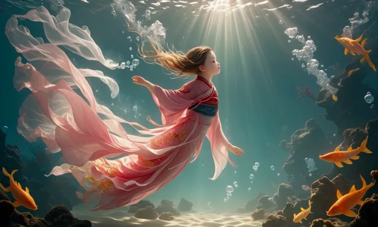 1. little girl, solitary, under the deep sea, walking underwater；wearing pink chinese clothing，fairy the same，underwater dance，s...