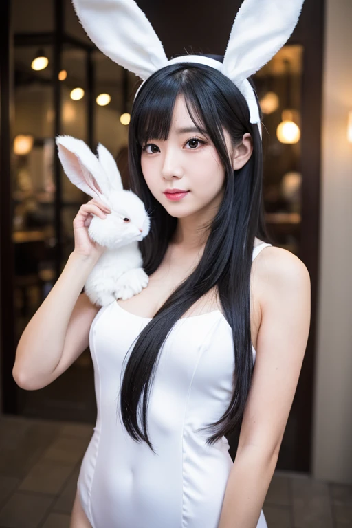 Adult woman with rabbit ears and white bunny costume with long black hair