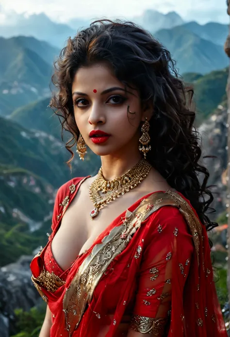 night scene, from side view, extreme close up photo of prostitute vedhika, curvy, big cheeks, hourglass figure, standing on mountains with wide open spread legs, red lips, leaking nipples, necklace, long curly wavy hair, sultry, red Saree,  seductive eyes,...