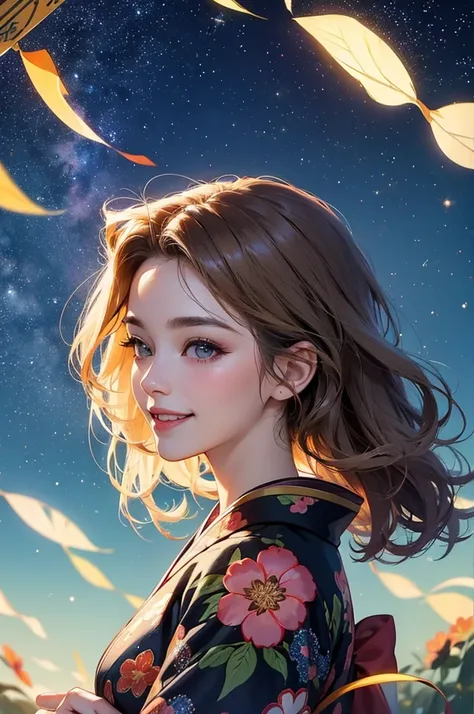 A beautiful woman wearing a gorgeously patterned kimono greets people with a smile under the starry sky