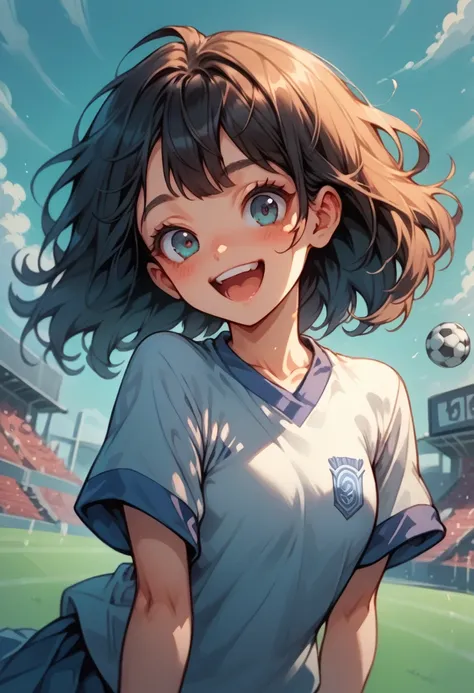 Happy elementary school girls with expressive look of happiness inside a soccer field, very cute girls 