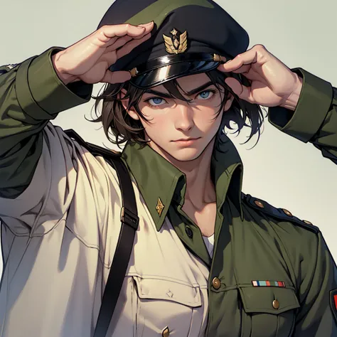 One Man，solo, The face is made of canvas，Wearing military uniform，Is saluting，adult