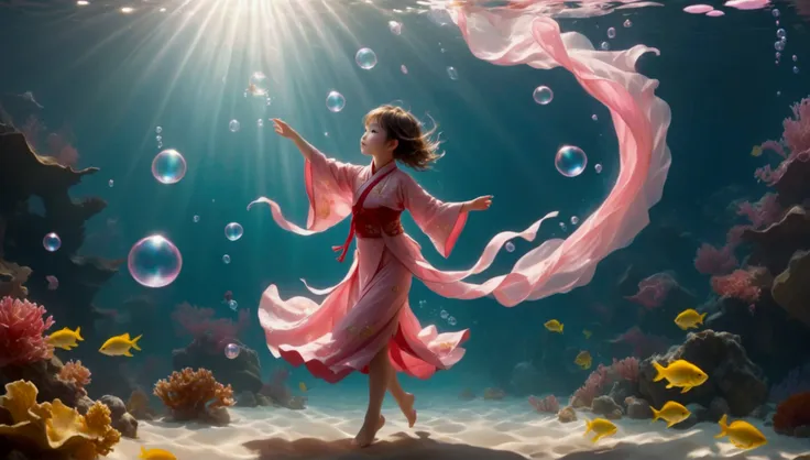 1. Little Girl, Solitary, Under the Deep Sea, walking underwater；Wearing pink Chinese clothing，Fairy the same，underwater dance，Step by step；dancer；Golden water，金色的bubble； Deep Shadows, Extraordinary details, bubble, spark, Sun streaks, seabed, bright, whol...