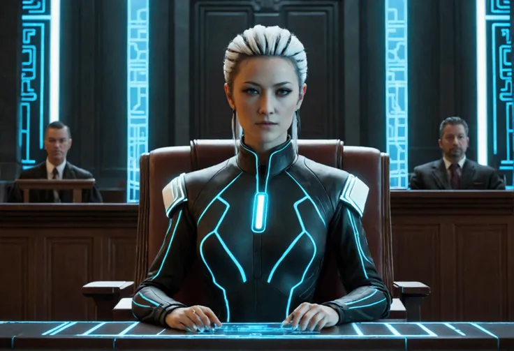 (cyberpunk, courthouse)A virtual lawyer (female, tron style, health bar over head) is addressing a virtual jury