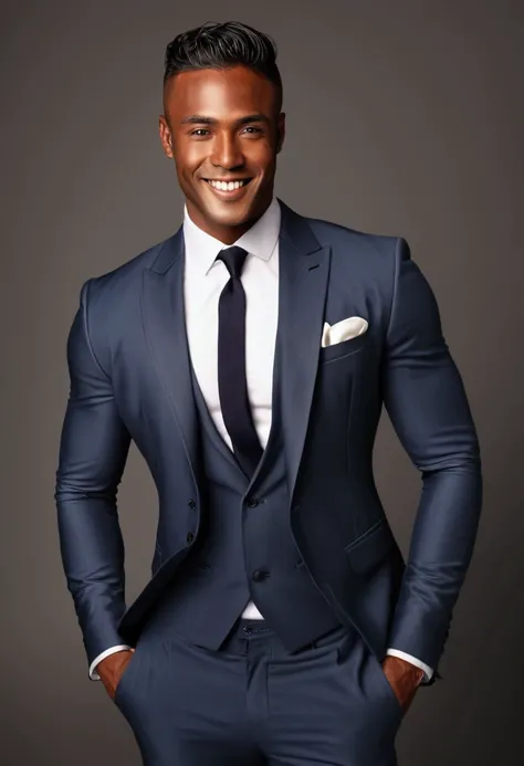 handsome man with light black skin, using suit, strong muscular physique and seductive smile with a heartthrob look. chic.