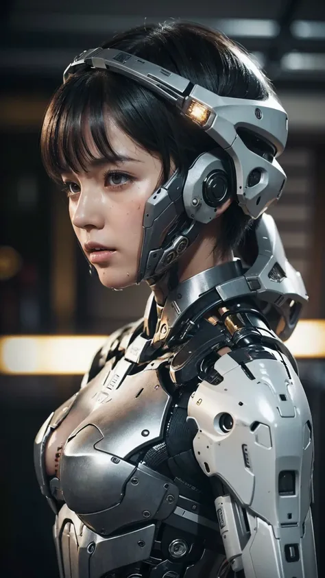 Textured skin, Very detailed, Attention to detail, high quality, 最high quality, High resolution, 1080P, hard disk, beautiful,(War Machine),beautifulサイボーグ女性,Mecha Cyborg Girl,BATTLE MODE,Girl with a mechanical body　Black Hair　Short Hair Boyish　　Sweaty and w...