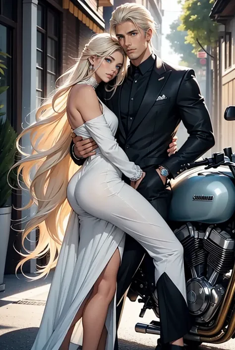 a tall, handsome, statuesque, courageous, adult man is platinum blond, he is a biker, he is wearing a motorcycle jumpsuit, he ha...