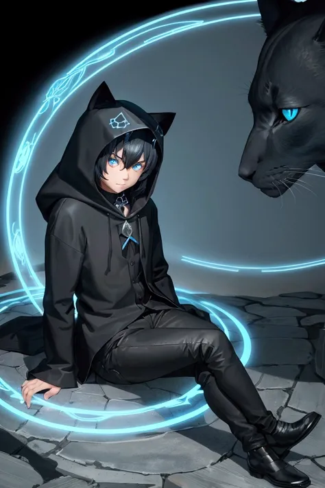 boy sitting in a light blue magic circle, black clothes with black cat hood, blackquality hair, eyes browns, 