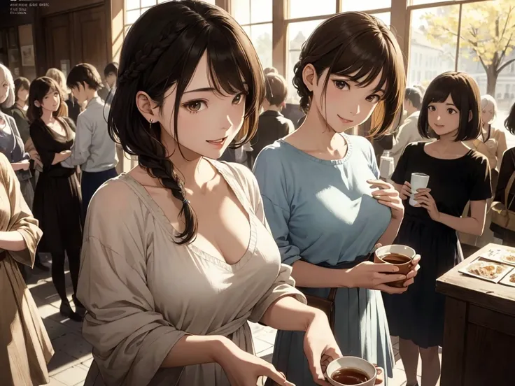 Magazine Cover(Highest quality、masterpiece、High resolution)、(Sargent-style watercolor)、(Anime Art)、Old school building、((Multiple women、Everyone is standing, got in line))、(Detailed depiction of a beautiful face）、A kind smile、Medium Short Hair、Dark Brown H...