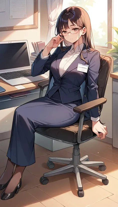 score_9, score_8_up, score_7_up, score_6_up, source_anime, 1girl, lawyer, suit, professional, laptop, glasses, lawyers office, desk, sitting on fancy chair, sitting behind desk,