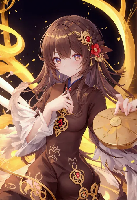 anime girl in brown dress holding gold coins, 《genshin impact》keqing, 《genshin impact》zhongli, inspired by pu hua, cute anime gi...