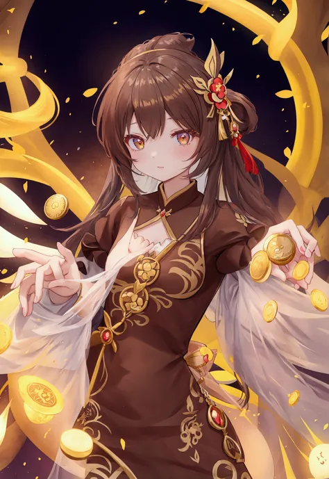 anime girl in brown dress holding gold coins, 《genshin impact》keqing, 《genshin impact》zhongli, inspired by pu hua, cute anime gi...