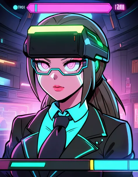 (cyberpunk, courthouse)A virtual lawyer (female, tron style, health bar over head) is addressing a virtual jury
