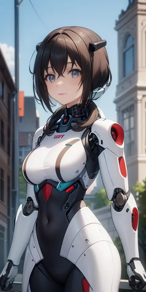 roxanne there is a woman in a robot suit posing next to an ancient building, beautiful white girl half cyborg, cute cyborg girl,...