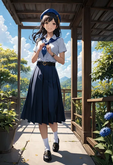 realistic anime illustration of pretty teenage girl smiling and touching a yellow handkerchief on sunny day, black long hair girl, she wearing cornflower-blue short sleeves collared shirt, navy-blue neckerchief, navy-blue pleated pencil long skirt, black b...