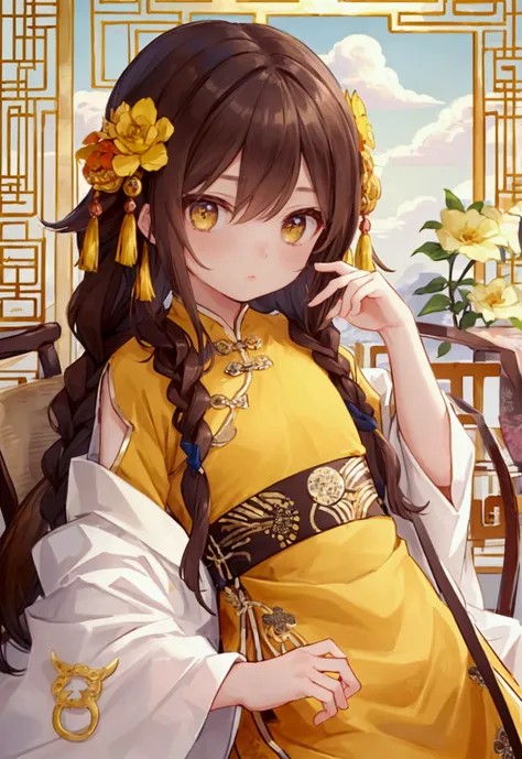 masterpiece, best quality,flat chest, cute eyes, twin braid, dark brown hair,yellow antiquity  chinese clothes