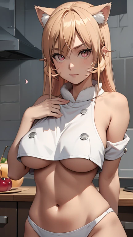 masterpiece， The best quality at the best.， 1 girl， mito ikumi ， big breasts，Off the shoulder clothing，Sexy servant，Is shy，smile，with blonde hair， long blonde hair， （pink eyeballs:1.4)， forehead protection，EN UNA COCINA, The cherry trees，Flying cherry blos...