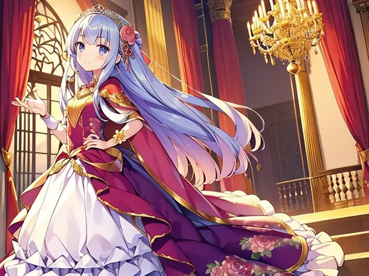 best quality,(long train cape:1.15),(long train ball gown with floral decoration:1.15), a girl is wearing a cape over her dress, anime style, rococo style, little princess, tiara, kind smile, very long hair, small breast, perfect fingers, masterpiece