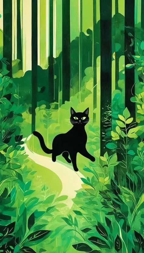 A black cat running through the forest, green lines forming an abstract background, in the style of Don Blanding, minimalist