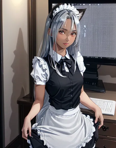 (8k, Realistic, RAW Photos, Highest quality: 1.3), (Fox Girl, Fox Ears, One Girl, Long Hair, Alone on the screen, dark skin, High definition, (boyish, Silver color very long hair), high resolution:1.4), とてもbeautiful, (Realistic Face), (maid apron, Black an...