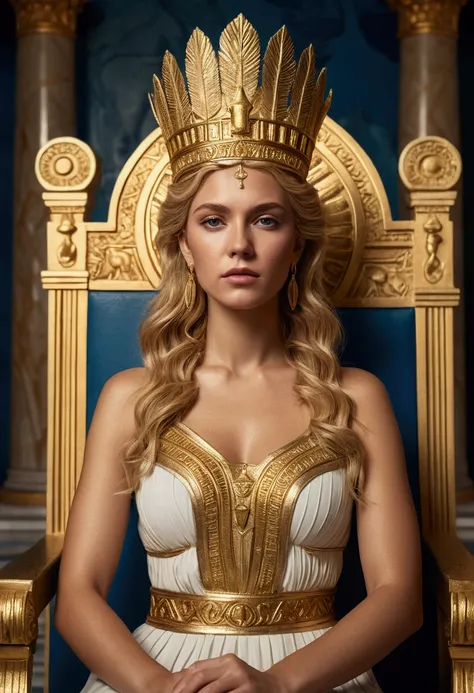 a beautiful woman with golden blonde hair, wearing an ancient greek dress, sitting on a luxurious white gold throne, wearing a crown with sharp points on her head,confident woman in a luxurious powerful greek palace, detailed oceanic wall carvings, high qu...