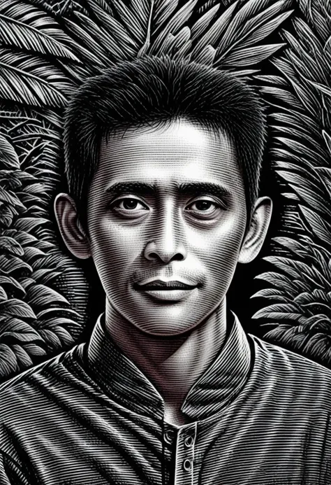 a half body portrait,scratch board illustration, indonesia man 35years, in a botanical elips frame,black eyes,black hair, close ...