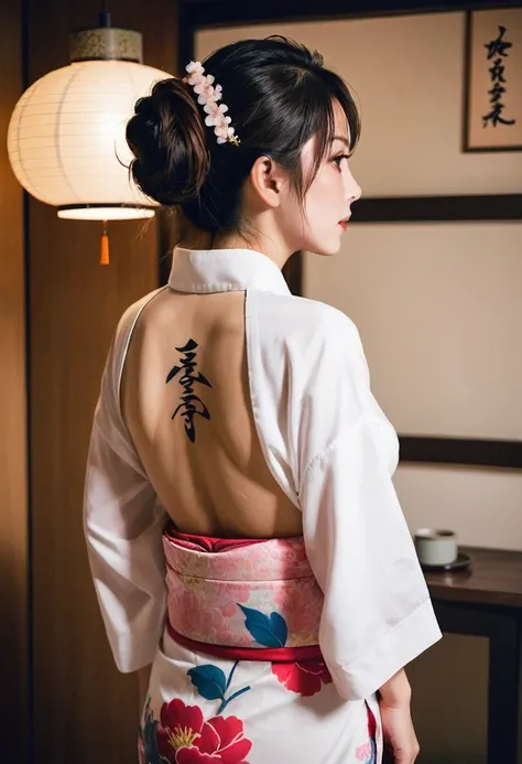 Woman with a tattoo on her back、Back view、Private room、yukata