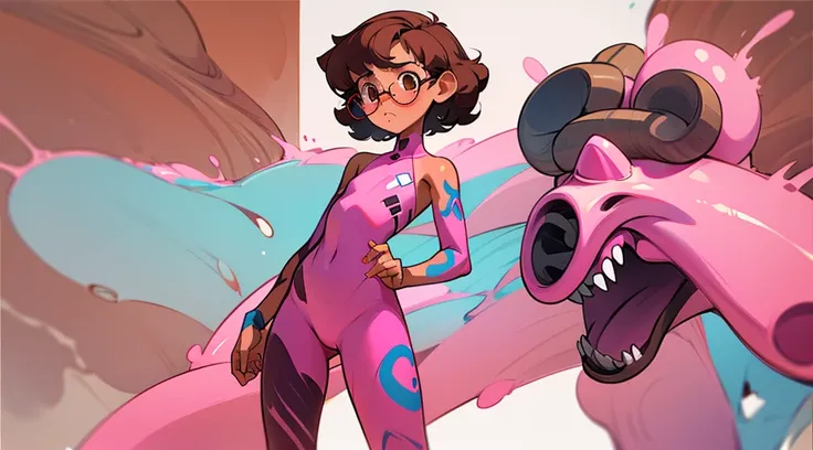 Really embarrassed tomboy girl, with short gray curly  hair, brown skin and  glasses, in pink body paint  , full body,