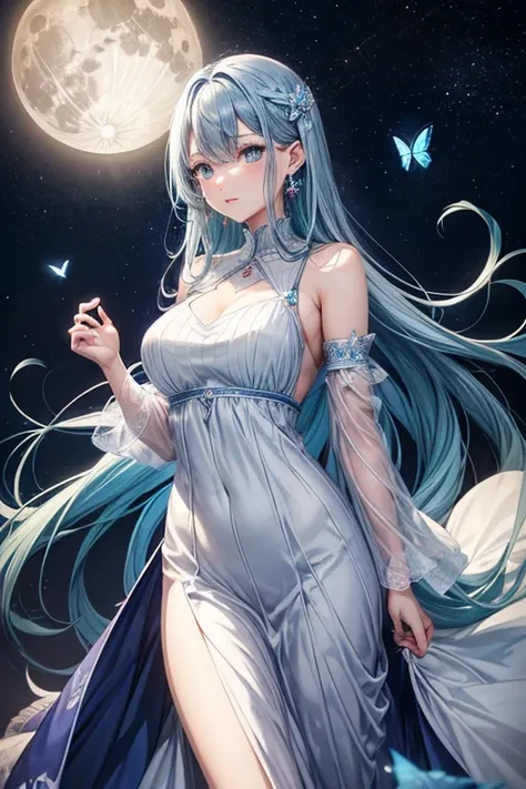 One adult woman,Long dress_blue,hairロング,hair_巻きhair,hair_blue,eye_light blue,Lady,full moon,A lot of butterflies are fluttering_green,diamond shaped earrings_light blue