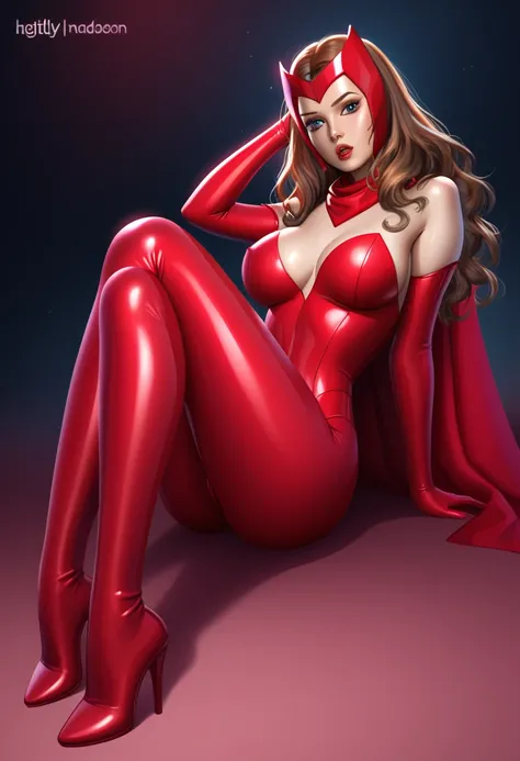 score_9_up, score_8_up, score_7_up, 1girl, solo, mature female, Scarlet Witch, brown hair, blue eyes, mascara, red lips, parted lips, fit slim body, perfect medium erected breast, (((red tight bodysuit, black mesh stockings, long red boots on high heels, r...