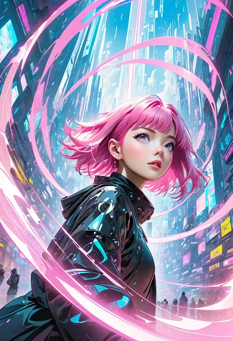 Cyberpunk, Pink Hair, Futuristic, Surrealism, Ultra wide angle, Wide-angle lens, look up, Dynamic Movement, Expressive, Energetic, Sacred Edge, Laser hologram