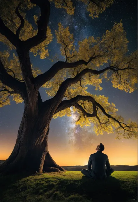 Shows a man sitting under a tree, Gaze on the stars in awe.