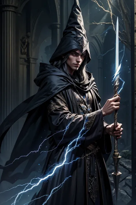 Male dark elf wizard, staff, lightning, robes, cloak, wizard hat, (((masterpiece)))