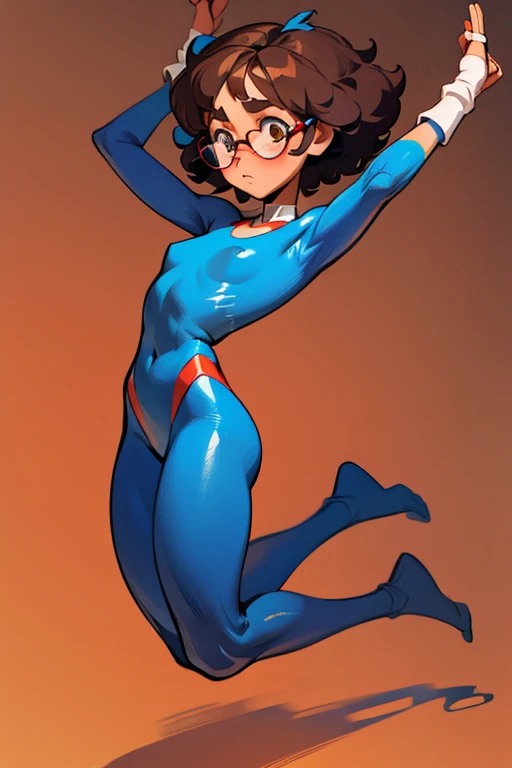 Really embarrassed tomboy girl, with short gray curly  hair, brown skin and  glasses, in blue body paint  , full body, gymnastic poses
