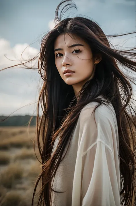 highest quality、hair blowing in the wind、long hair、melancholy look、 look