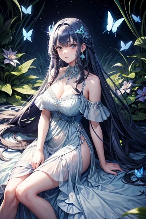 One adult woman,Long dress_blue,hair_semi-long,巻きhair,hair_blue,eye_light blue,Lady,full moon,A lot of butterflies are fluttering_green,diamond shaped earrings_light blue,Sitting,