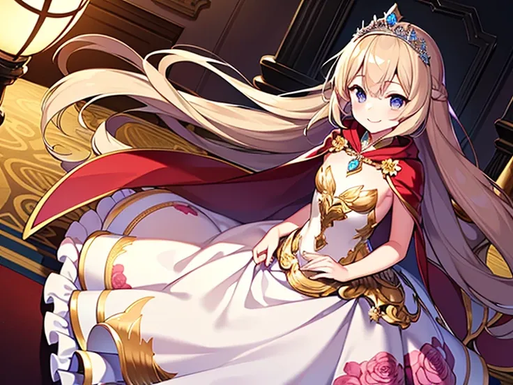 best quality,(long train cape:1.15),(long train ball gown with floral decoration:1.15), a girl is wearing a cape over her dress, anime style, rococo style, little princess, tiara, kind smile, very long hair, small breast, perfect fingers, masterpiece