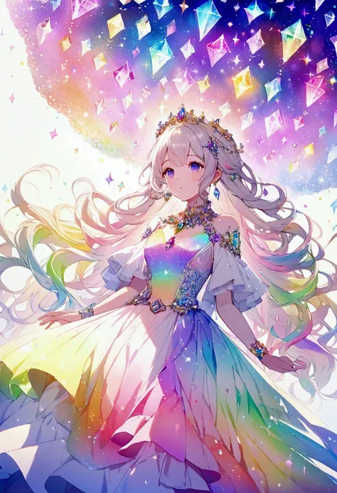 A princess wearing a rainbow-colored dress on a white background, inspired by the gemstone opal.　Opal on background　Sparkling　gorgeous